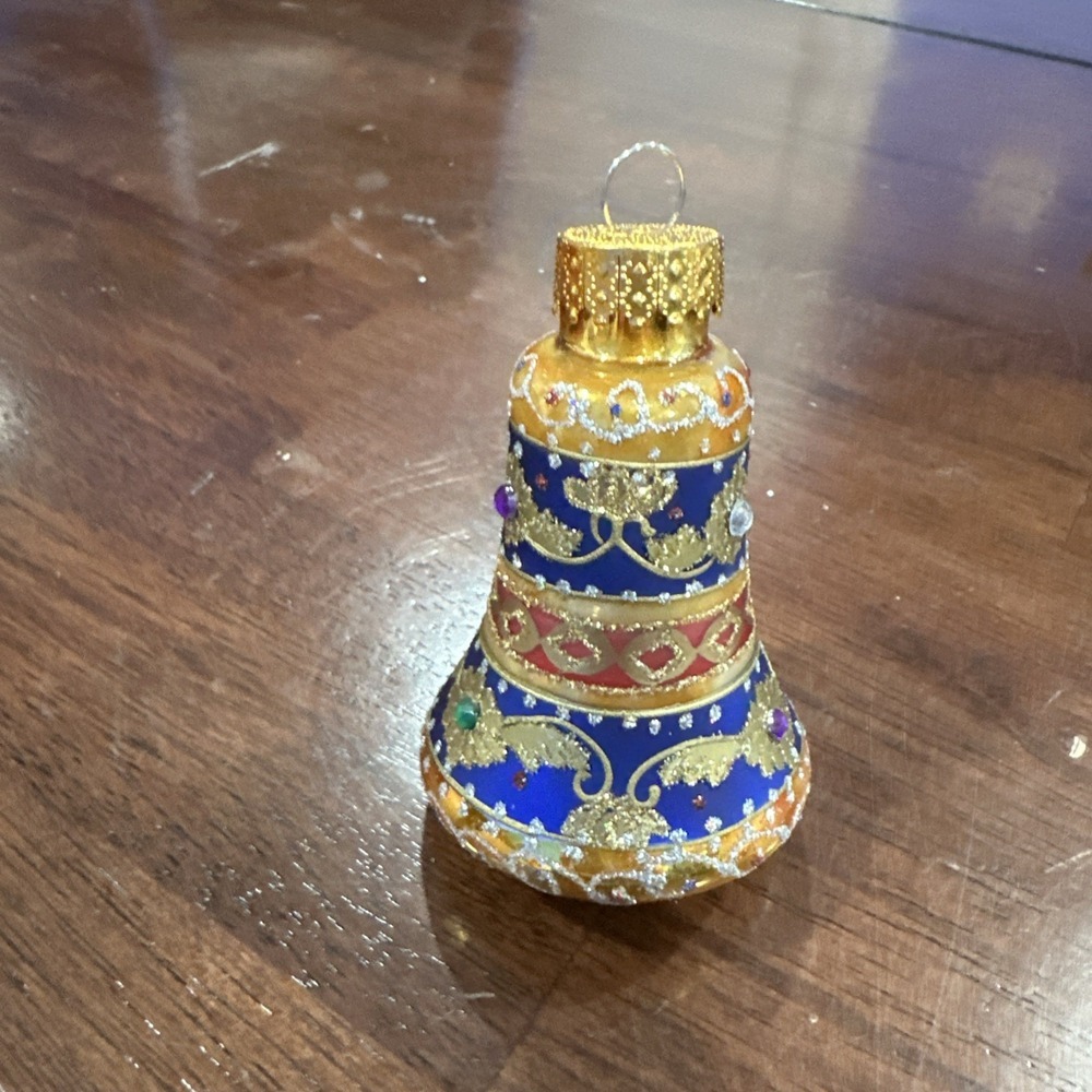 Unique Treasures Hand Blown/Crafted Blue/Floral Christmas Glass Ornament Bell O2